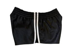 Black Leather Athletic Shorts With White Side Strips. - Picture 1 of 3