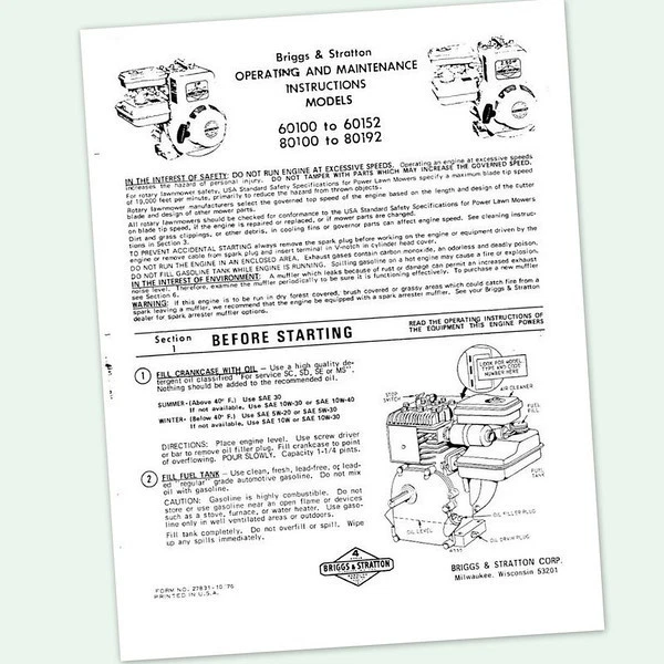 Briggs And Stratton 2Hp Engine 60100 To 60152 Operators Manual Operating Points - Image 1 of 1