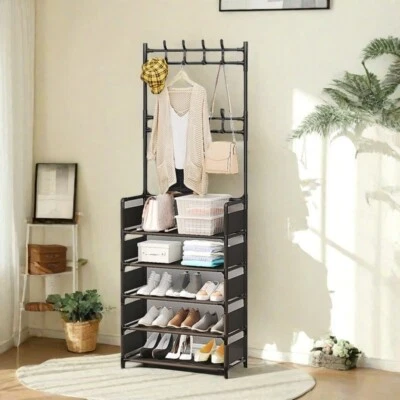 Coat Rack with Shoe Storage,5-Tier Shoe Rack and 8 Clothes Hooks Coat Rack Black - Image 1 of 4