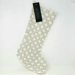 Rachel Zoe Plaid Gold White Beads Winter White Luxury Christmas Stocking Holiday - Picture 1 of 5