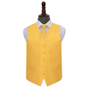 DQT Woven Plain Solid Check Sunflower Gold Mens Wedding Waistcoat & Tie Set - Picture 1 of 4