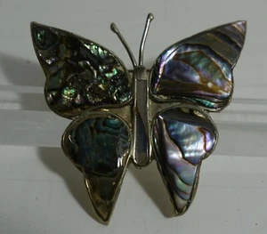 JWL100 MEXICO SILVERPLATE AND ABALONE SHELL BUTTERFLY BROOCH PIN - Foto 1 di 4