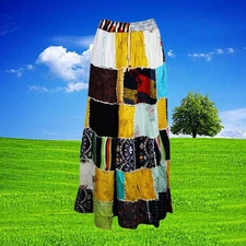 Patchwork Boho Maxi Skirt,Women’s Patchwork Skirt SummerYellow Black Beach S/M/L