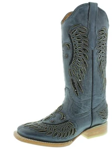 Womens Cowboy Boot Denim Blue Fleur-De-Lis Wings Black Sequins Square Size 4.5,5 - Picture 1 of 5