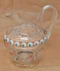 Antique Art Glass Pitcher Blown Hand Painted Enamel Clear 5" tall