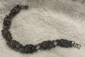 Vintage antikes silberfarbenes Armband rosa & grün funkelndes Emaille viktorianischer Schmuck - Bild 1 von 9
