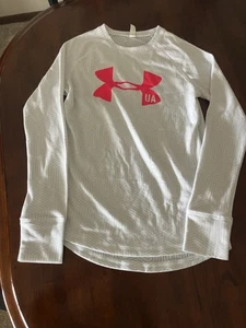 Under Armour Cold Gear Fitted Long Sleeve Shirt Youth Girls Large White w/ pink - Picture 1 of 2