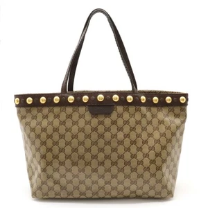GUCCI GG Crystal Tote Bag Shoulder Bag Studs Coated Canvas Leather Khaki - Picture 1 of 8