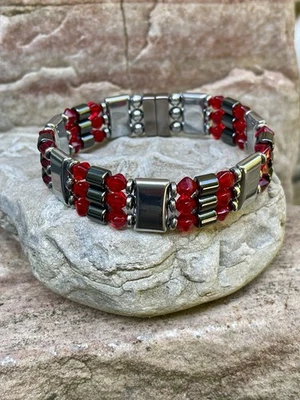 Silver Black Magnetic Hematite Red Siam Bracelet Anklet Necklace 3 Row - Image 1 of 4