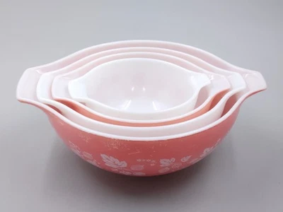 Vintage Set of Pyrex Nesting Mixing Bowls Pink Gooseberry Cinderella MCM - Image 1 of 4