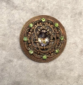 Antique Glass In Metal Button W/ Green Rhinestone Accent And Purple Center Glass - Picture 1 of 2