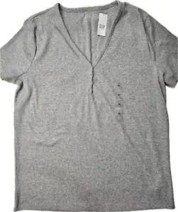 GAP Henley T-Shirt Women’s XL Gray Casual Chic Fashion Relaxed Fit Button Tee - Picture 1 of 8