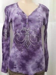 MONORENO Long-Sleeve V Neck Tie Dye Tunic Top Diamonds Embellished 100% Cotton S - Picture 1 of 12