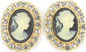 Vintage LOT Fancy Cameo Button Rhinestone Black White Gold Tone Picture Button - Picture 1 of 3