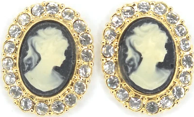 Vintage LOT Fancy Cameo Button Rhinestone Black White Gold Tone Picture Button - Image 1 of 3