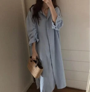 Damen Lockeres Long Shirt Bluse Kleid Retro Freizeit Baumwolle Oversize Weiß Blau Chic - Bild 1 von 6