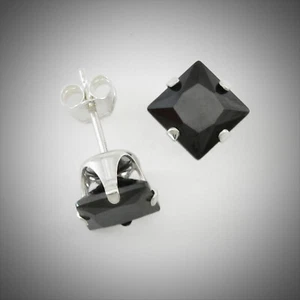 6mm Square CZ Onyx Black Post Earrings in SOLID 925 Sterling Silver - NEW! - Picture 1 of 6