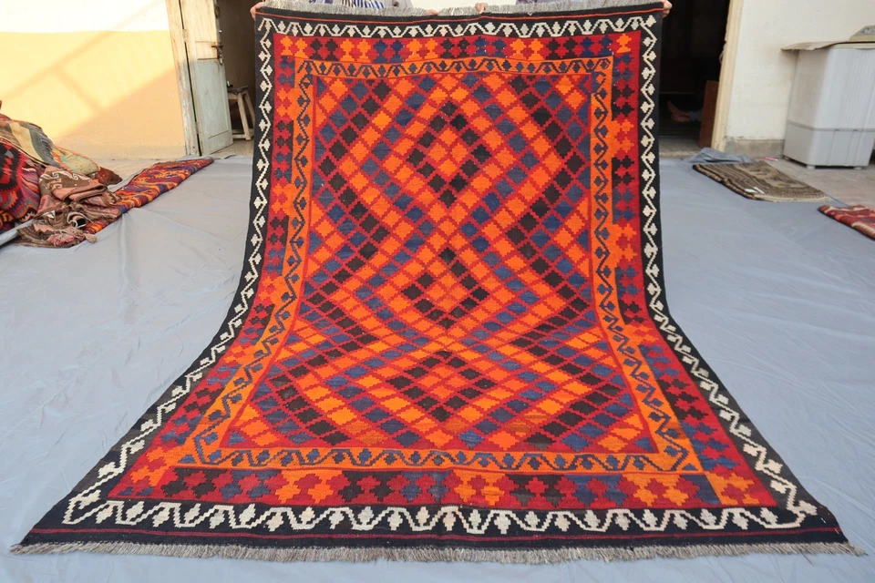Alfombra Kilim Maimana Afgana 5x8 - Alfombra Patrón Diamante Tribal Naranja Brillante y Azul Marino Foto 1 de 4