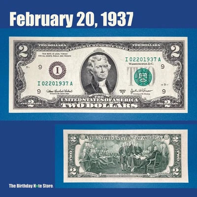 February 20, 1937 Birthday Anniversary $2 Two Dollar Bill Serial Number 02201937 - Image 1 of 2