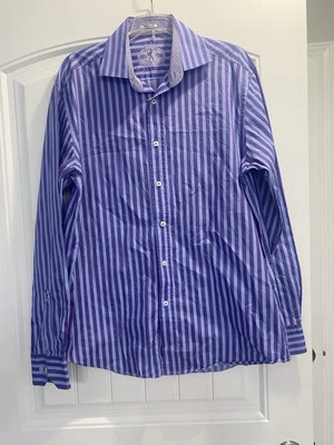 Camisa Para Hombre Bugatchi Abotonada Púrpura Azul Rayas Talla Grande  Foto 1 de 4