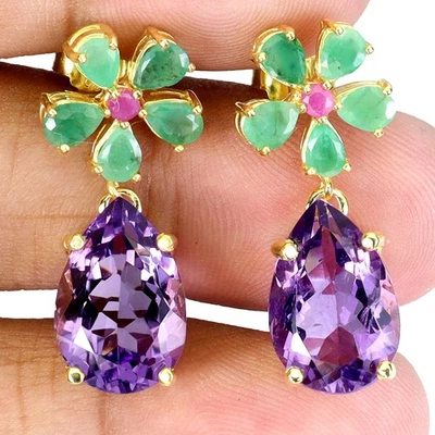 925 Sterling Silber Ohrringe Birne Amethyst 15x10mm Smaragd Rubin Edelstein - Bild 1 von 4