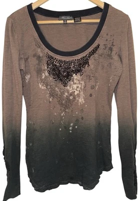 Miss Me Vintage Y2K Long Sleeve Beaded Top Ombré Size M Goth Embroidered Cuffs - Image 1 of 4