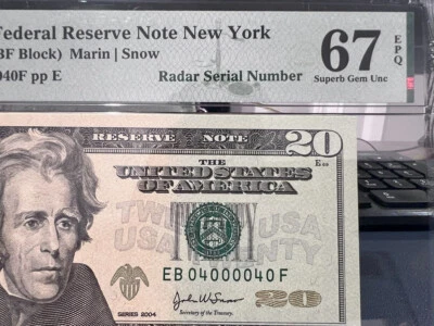 2004 $20 FEDERAL RESERVE NOTE BINARY RADAR SERIAL NUMBER EB04000040F PMG67 (ADE) - Image 1 of 4
