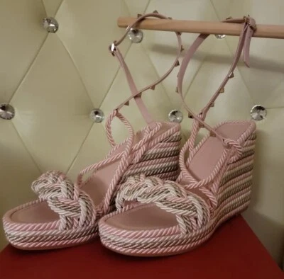 VALENTINO ROCKSTUD 120 кожи и веревки на танкетке сандалии в розовый размер 41 новый - Изображение 1 из 4
