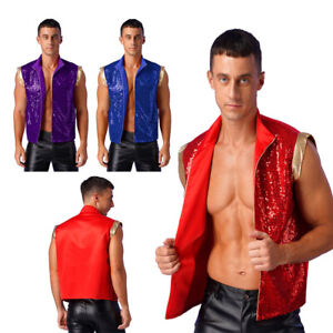 Mens Halloween Vest Sleeveless Shiny Sequins Disco Dance Shirts Costume Jacket