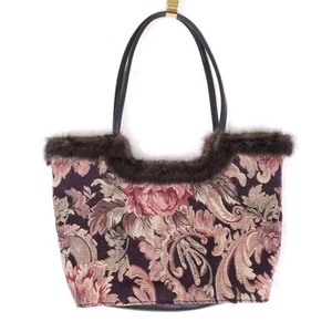 Vintage Style Tapestry Shoulder Bag Floral Faux Fur Trim Purse Baroque Grandma - Picture 1 of 14