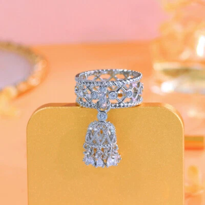 Stunning White Hollow Out CZ Women Charm Tassel Dangle Wide Engagement Band Ring - Image 1 of 4