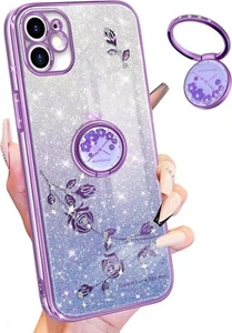 For iPhone 12 Case w/ Ring Holder Cute Glitter Sparkly Bling Shiny Floral Purple - Picture 1 of 7