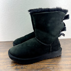 UGG Womens Boots Size 7 Bailey Bow Short Shimmer Black Suede Fur Lined Cozy Boot