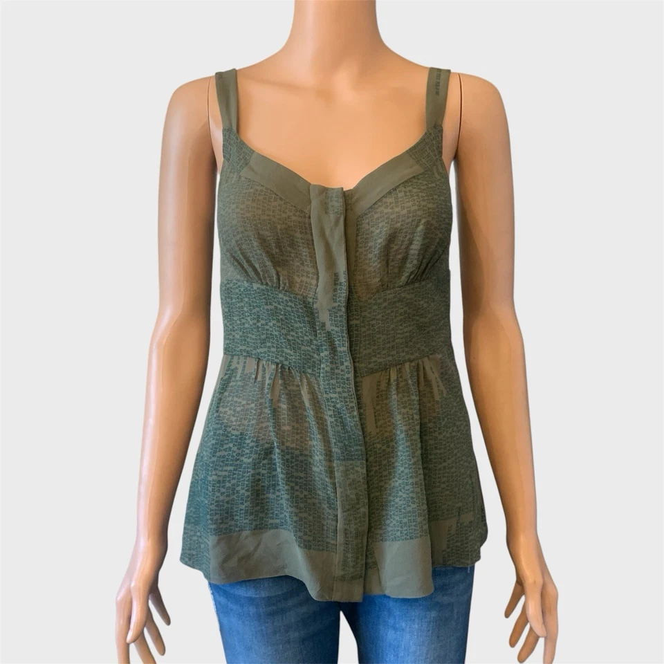 Blusa Tuleh Silk Peplum Top Mujer Pequeña Verde Oliva Sin Mangas Summer Resort Foto 1 de 4
