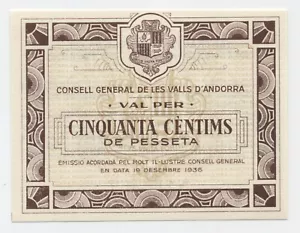 Andorra 50 Centims 19-12-1936 Pick 5 UNC Banknote Stempelglanz - Bild 1 von 2