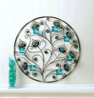 Large Teal Blue Turquoise Peacock Feather Wall Sconce Sculpture Candle Holder - Image 1 of 3