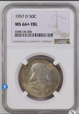 1957 D NGC MS66+FBL Full Bell Lines Franklin Half Dollar - Image 1 of 2