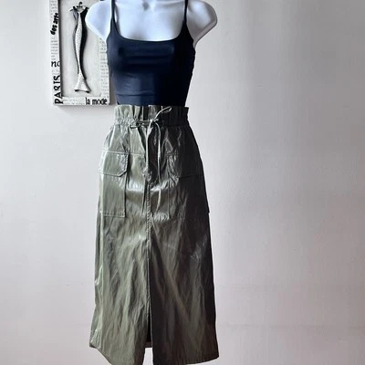 NWT Zara Green Shinny Faux Leather Paper Bag Cargo Skirt Size L - Image 1 of 4
