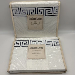 Southern Living Greek Key Euro Sham, Embroidered, Navy Blue, White, Cotton (2) - Picture 1 of 7