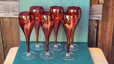 6-pc Ruby Red Champagne Toasting Flutes Glasses Etched Grapes Design - Image 1 of 4