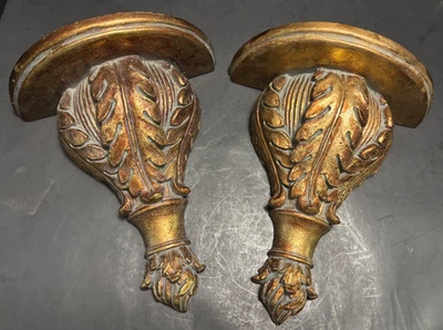 Apliques de pared decoradores de hojas de acanto talladas Pr 11x10x4,5" soportes dorados Foto 1 de 4