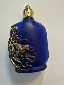 Vintage Cobalt Blue Frosted Perfume Bottle W/ Gold Vine 2 1/2" Tall EUC - Picture 1 of 10