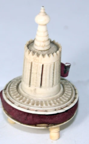 ANTIQUE c1820~~ HAND CARVED french POW; TAPE MEASURE & PIN DISC~~ORIGINAL SILK Cover