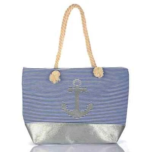 Tasche XXL Strandtasche Shopper Anker Silber Kordel maritim groß Streifen - Bild 1 von 7
