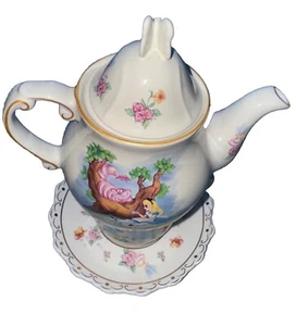 Alice in Wonderland Mad Hatter Cheshire Cat Tea Pot, Cup & Saucer Stackable Dmgd - Picture 1 of 14