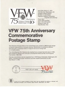 USPS Souvenir Page #1525 1974 10c Veterans of Foreign Wars 75th Annivry ST2943 - Picture 1 of 1
