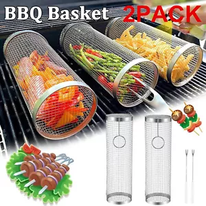 2 Pack Rolling Grilling Basket Stainless Steel For BBQ Grill Outdoor Tools US - Picture 1 of 11