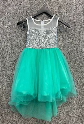 Vestido de Bailarina Soleado Moda Ajuste y Acampanado Verde Azulado Lentejuelas Plateadas Niñas 7 Foto 1 de 4