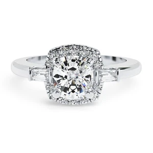 Cushion Cut Lab Grown Diamond Three Stone Halo Engagement Ring In 18k Gold - Picture 1 of 10