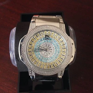 NEW Techno Master TM-2116 Watch Men's 1/4 CTS Yellow White Blue Stone - Picture 1 of 4